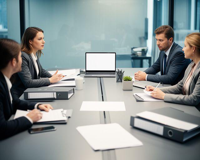 Business legal team discussing contract wording around a conference table with papers and laptop screens in a modern office