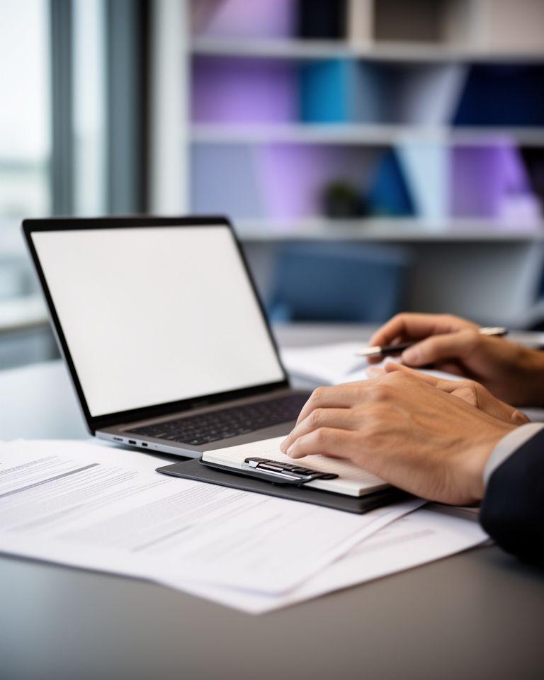 Professional legal consultant reviewing business documents in a calm modern office with a laptop and notepad