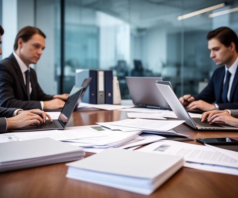 Business directors reviewing governance documents in a modern meeting room with laptops and printed board papers