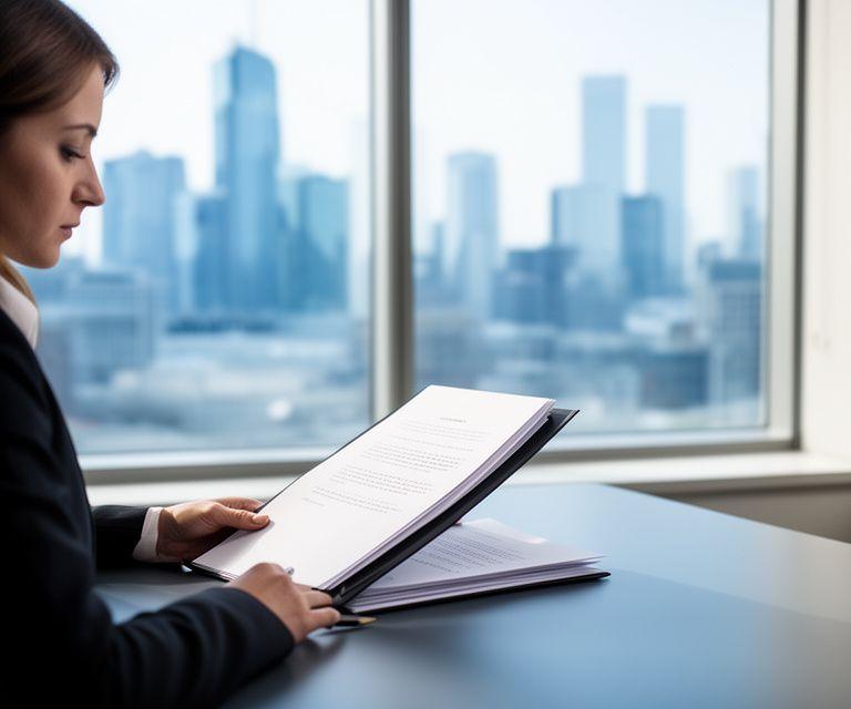 Commercial legal adviser reviewing a contract folder in a calm meeting room with a city skyline behind