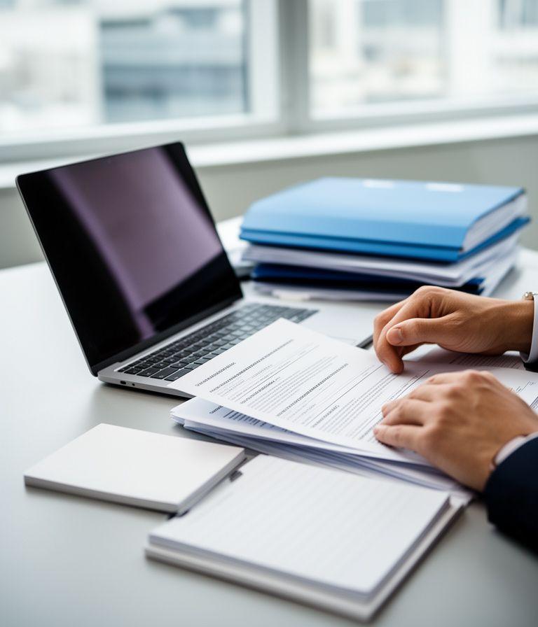 Legal adviser reviewing printed contract notes beside a laptop in a bright modern office with blue folders and a notepad