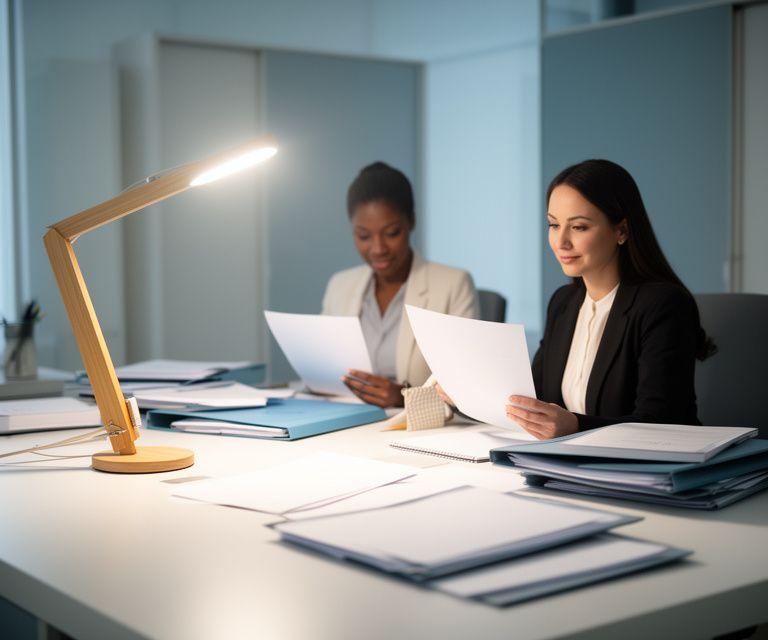 Two legal professionals reviewing compliance documents in a calm office with folders, notes and a bright desk lamp
