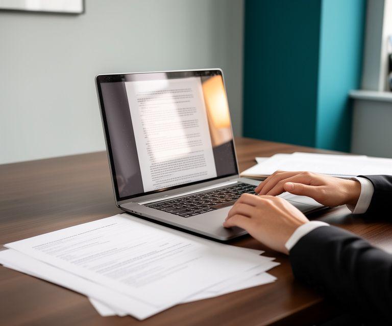 Legal consultant reviewing a privacy policy at a polished office desk with printed contract pages and a laptop
