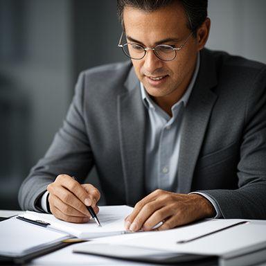 Business dispute consultant preparing hearing notes at a desk with files, spectacles and a calm professional expression