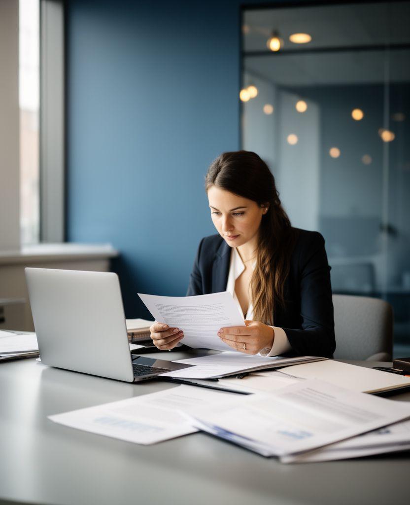 Professional legal consultant reviewing company documents at a bright desk in a Sandwell office with calm blue surroundings