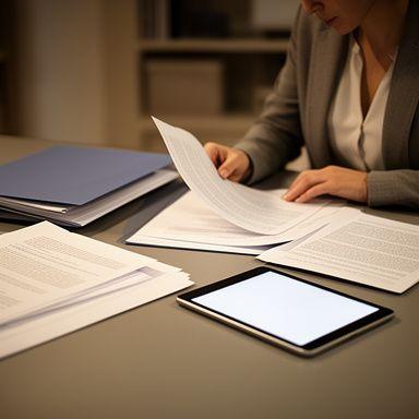 Intellectual property consultant reviewing licensing documents in a focused office setting with folders and a tablet