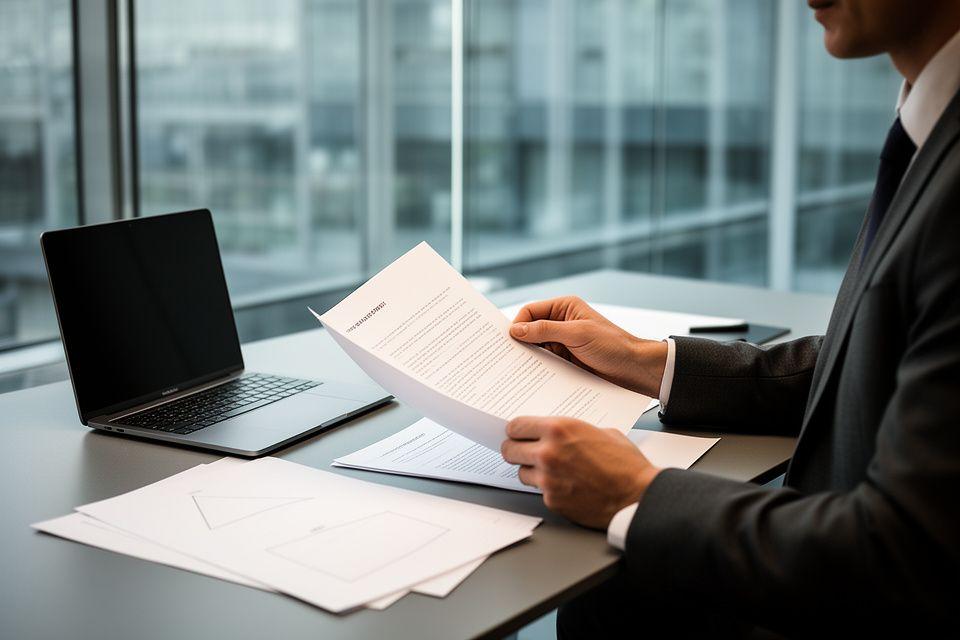 Lead legal consultant reviewing a commercial contract in a glass-walled meeting room with annotated pages and a laptop