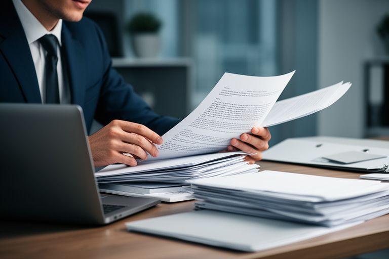 Solicitor reviewing printed contract pages at a desk with a laptop and reference notes in a modern office